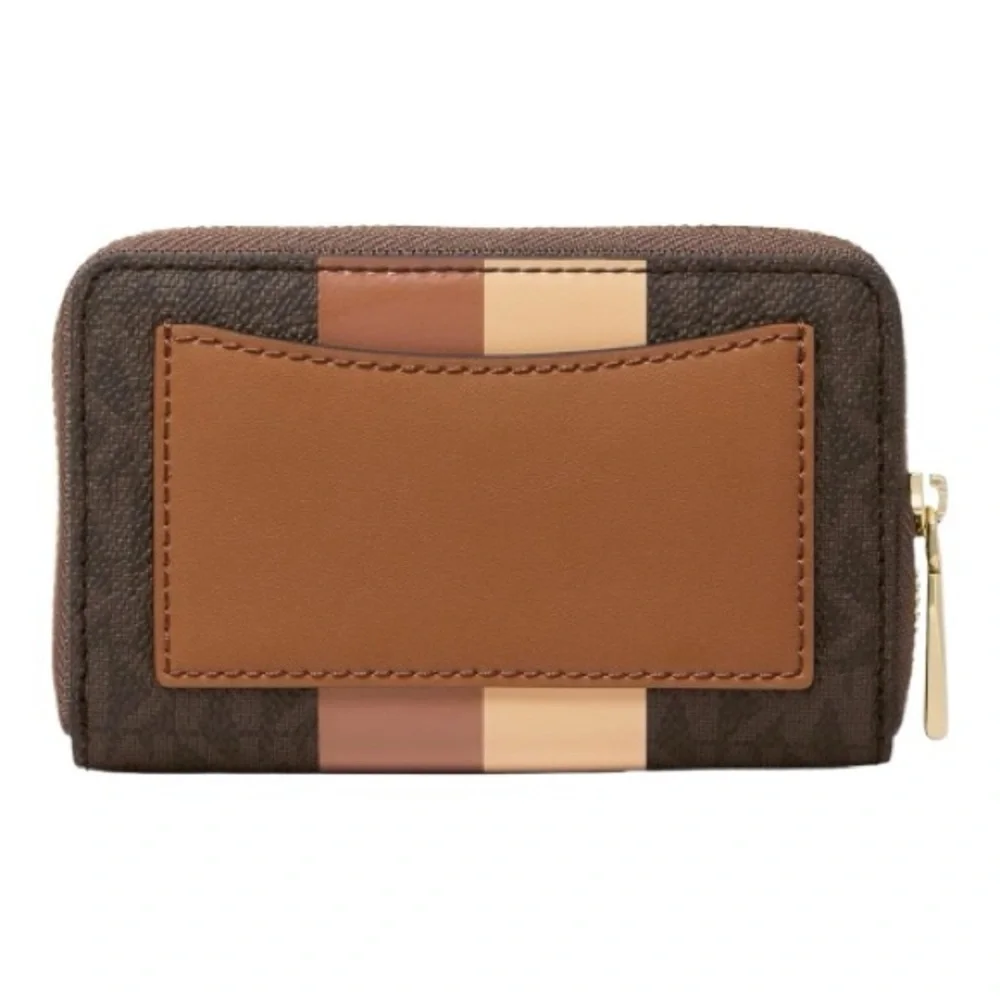 Michael Kors Jet Set Travel Medium Logo Stripe Zip Wallet – Brown/Gold